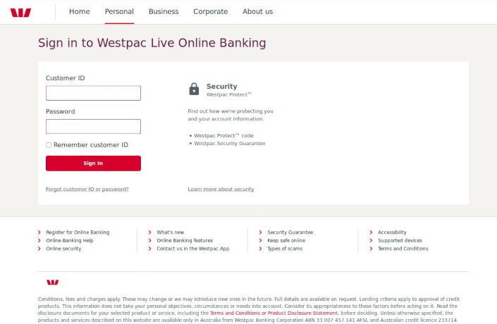 westpac phishing site